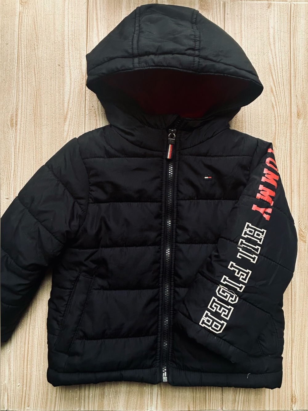 Tommy Hilfiger Boys 2T Black Puffer Jacket Hoodie Logo Winter Coat